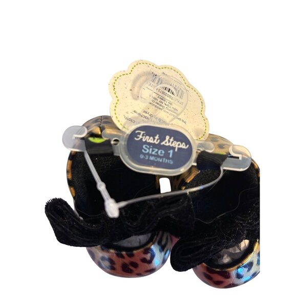 First Steps Gold Leopard Baby Girl Mary Jane Shoes Black Velvet Bows (0-3mo) - Picture 7 of 9